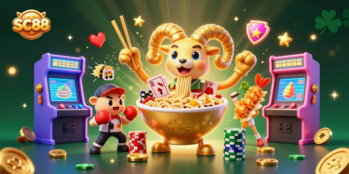 Engage in SC88 gameplay with a vibrant 3D scene featuring a golden ramen bowl dealing cards amidst dynamic casino elements.