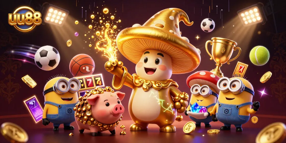 uu88 enhances your gaming with treasures from the wizard, pig, and minions amidst vibrant casino elements.