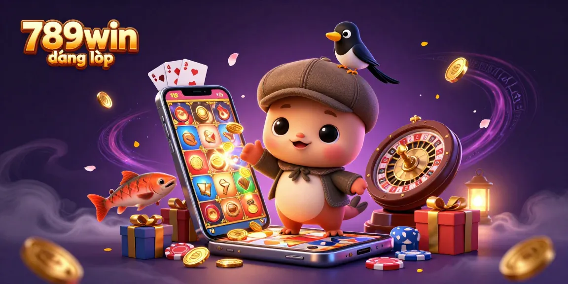 Exciting 789win đăng nhập gaming scene with colorful slot games, playful characters, and vibrant casino elements.