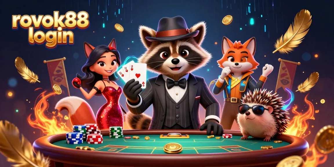 Experience the excitement of rokok88 login with a dynamic poker scene featuring a suave raccoon, a glamorous fox, and a protective hedgehog.