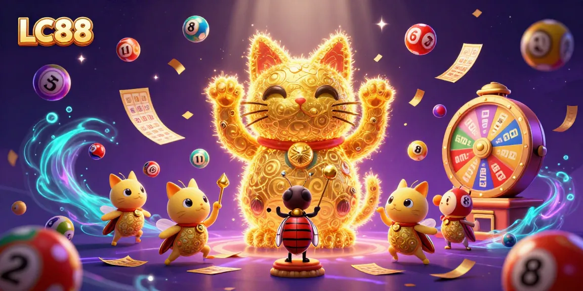 Engage with LC88's vibrant gaming world featuring a golden lucky cat and lively casino elements.