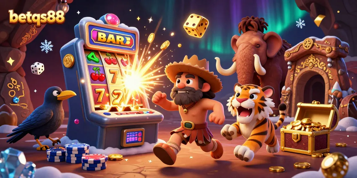 Experience thrilling gaming at betqs88 with prehistoric characters in a vibrant casino setting.