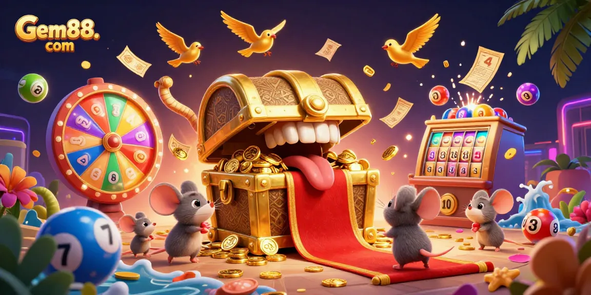 Experience the thrill of Gem88. com as adventure mice discover a treasure chest amidst vibrant lottery excitement.