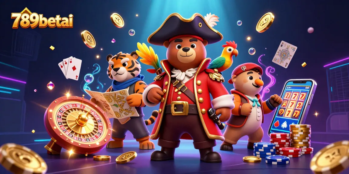 Experience thrilling gameplay at 789betai with a vibrant 3D illustration showcasing pirate and tiger adventure amidst sparkling casino elements.