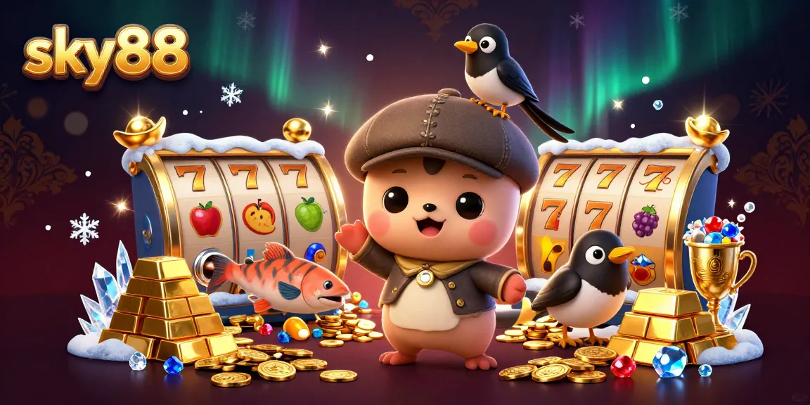 Experience sky88's thrilling slots with a playful Nessie cartoon in a rich, colorful scene.