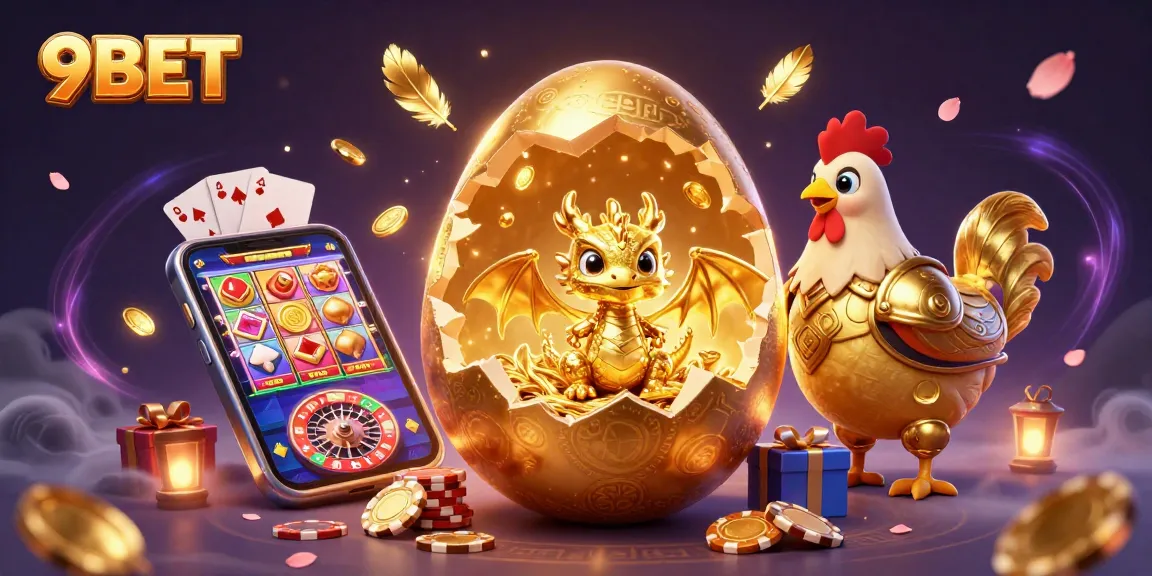 Play exciting games at 9BET with a golden dragon and vibrant casino elements.