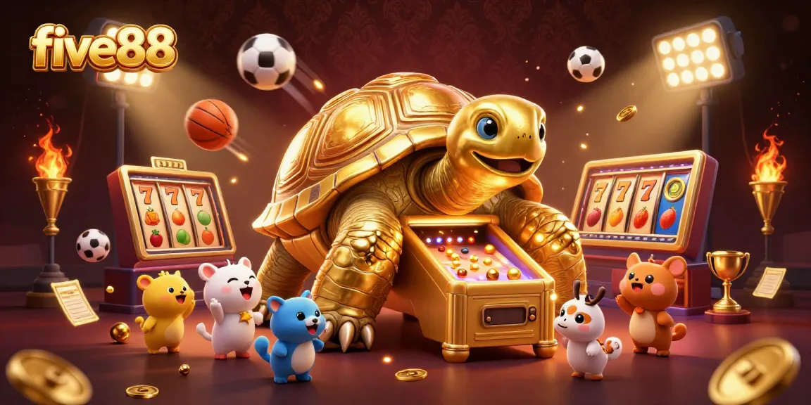 Engage with thrilling five88 slot action featuring a colossal golden tortoise pinball machine amid vibrant gambling elements.