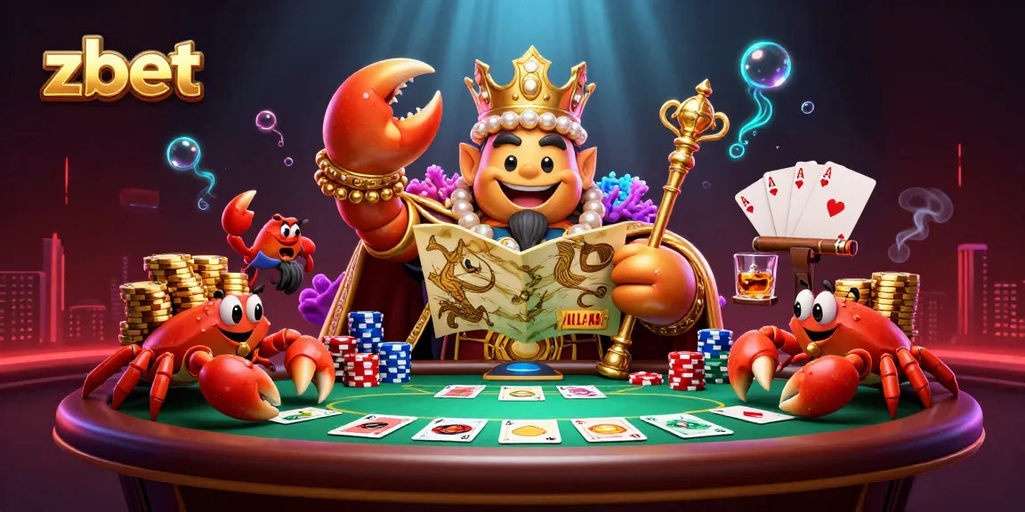 Experience thrilling poker action with zbet's vibrant underwater crab casino scene, featuring colorful poker elements.