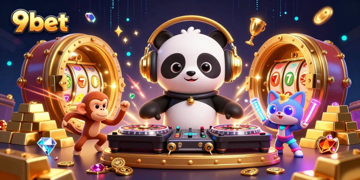 Experience 9bet's vibrant casino atmosphere with DJ panda and lively characters in action.