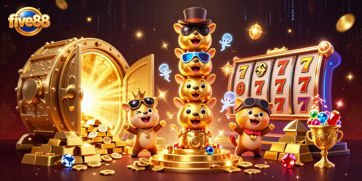 Win big with five88 in this vibrant 3D casino digital illustration featuring dynamic gaming elements.