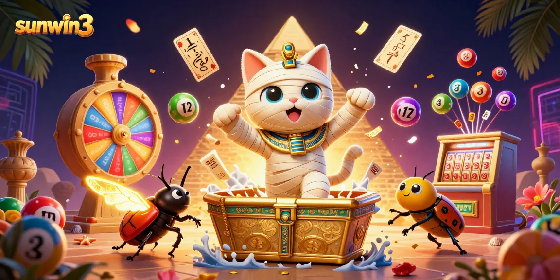 Experience thrilling jackpot excitement with sunwin3's mummy cat and scarab beetle in a vibrant casino scene.