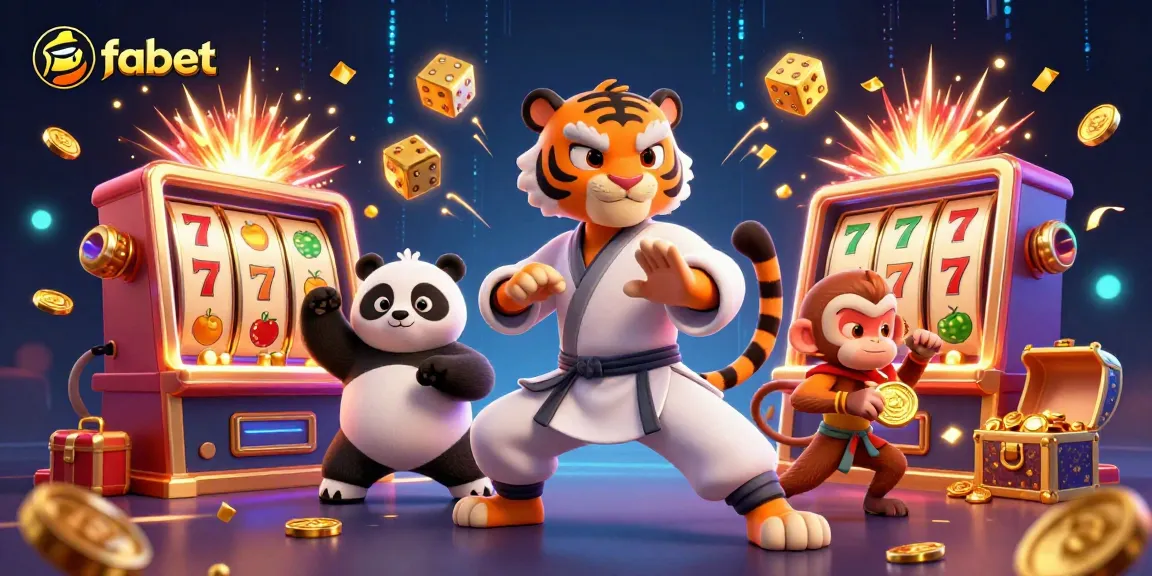 Experience exhilarating wins at fabet with a playful scene of kung fu characters amidst dynamic casino elements.