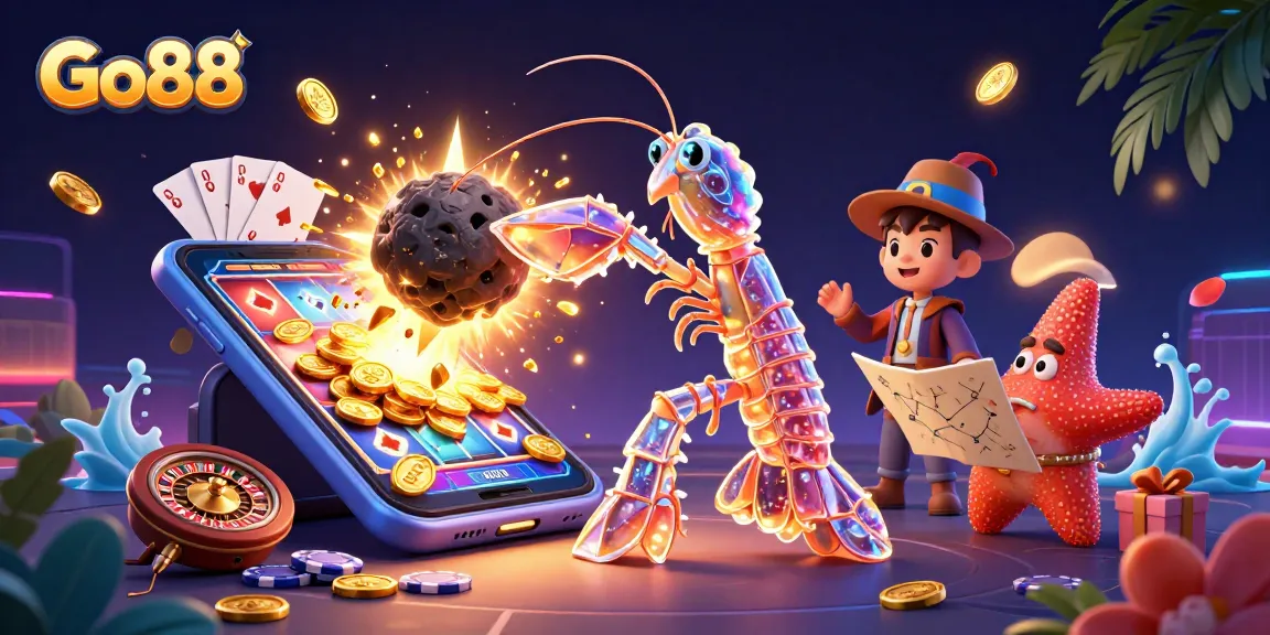 Go88 presents an exciting scene with a cosmic shrimp and a starfish navigating vibrant gambling elements.