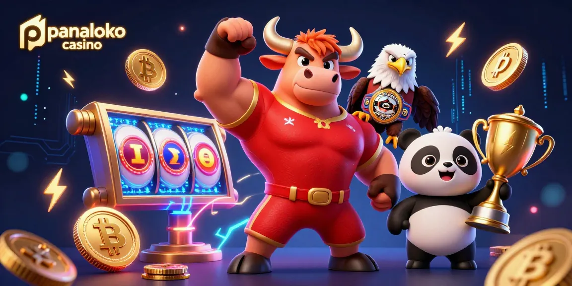 Panaloko casino offers thrilling jackpots and games, featuring a triumphant bull, eagle, and panda celebrating