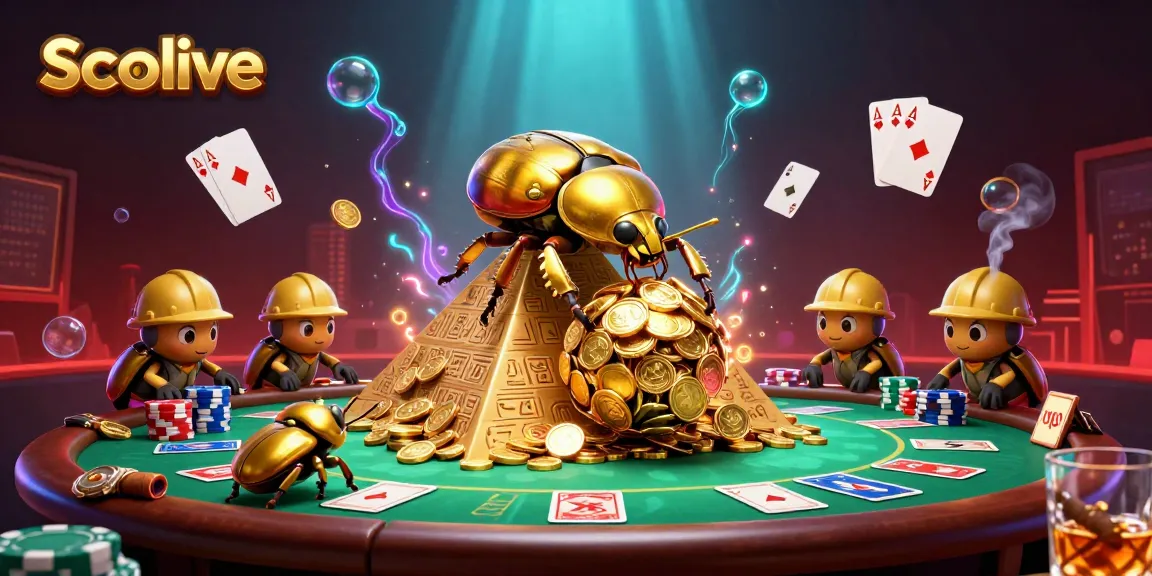 Socolive engaging fans in a vibrant casino scene with beetles rolling gold coins and poker elements.