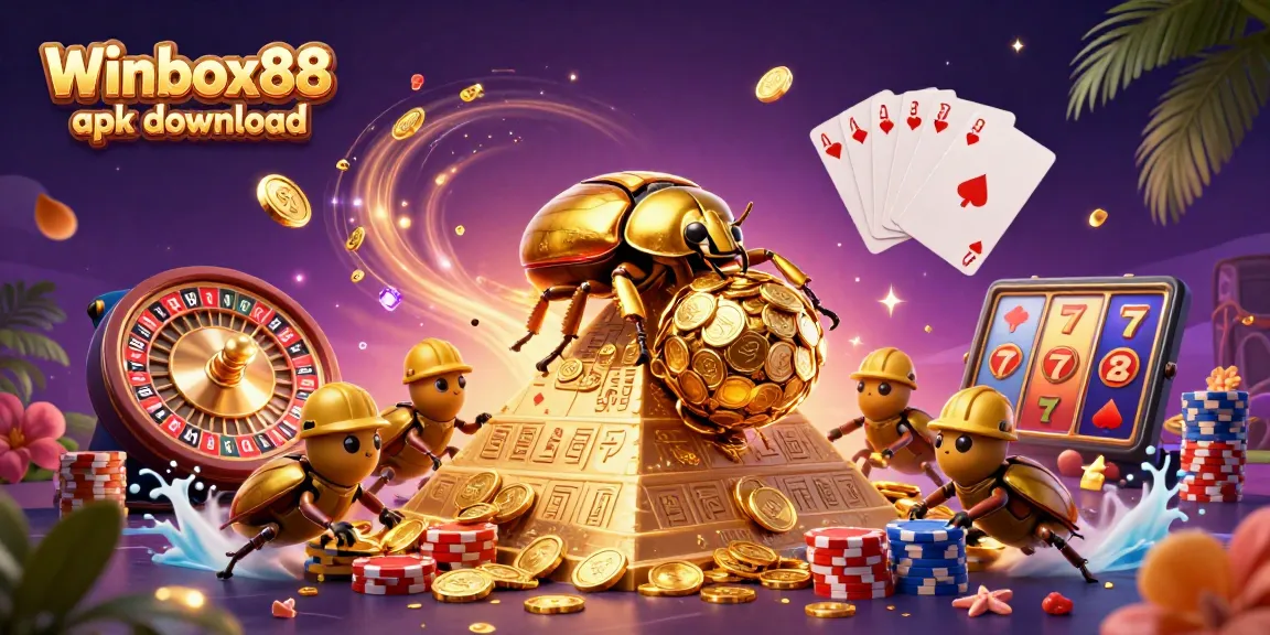 Access the exciting Winbox88 apk download with a vibrant 3D casino scene featuring dazzling coins and game elements.