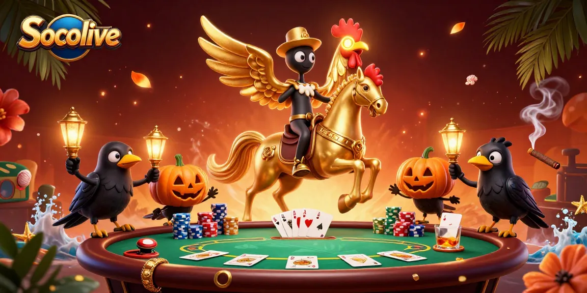 Socolive showcases an electrifying casino scene with a golden rooster headless horseman amidst poker drama.