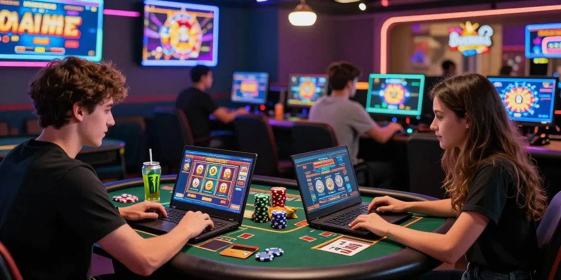 Young players at credit card casinos immersed in online gaming, showcasing vibrant games and payment options.