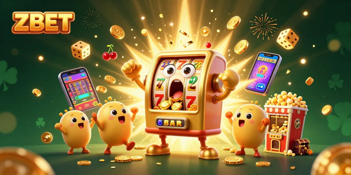 ZBET slot machine celebrates a jackpot with golden coins and cheering baby slots in a vibrant casino scene.