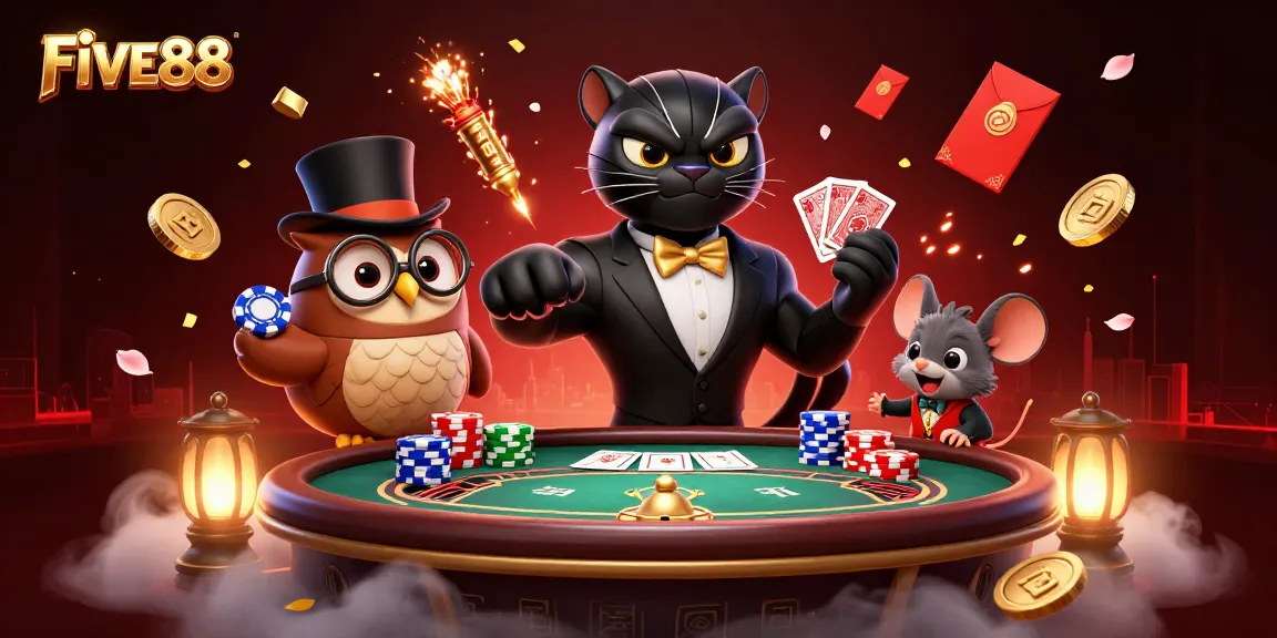 Engage with the thrilling FIVE88 casino scene featuring a tuxedoed panther, an owl, and a mouse amidst vibrant gaming elements.