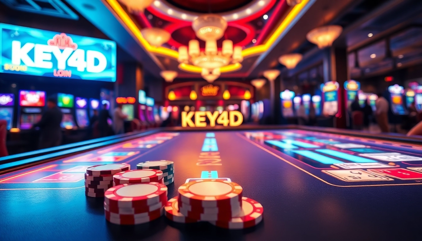 Log in to KEY4D with vibrant gaming elements in a modern casino environment.
