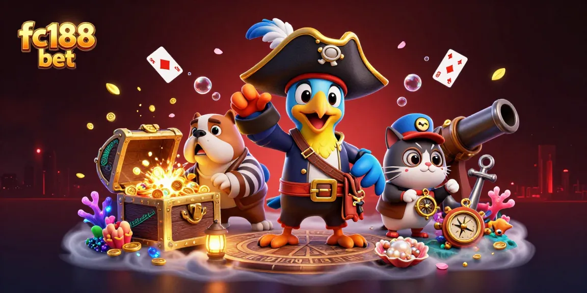 Engage with vibrant fc188 bet gameplay featuring a pirate captain, first mate, and navigator in a treasure-filled scene.